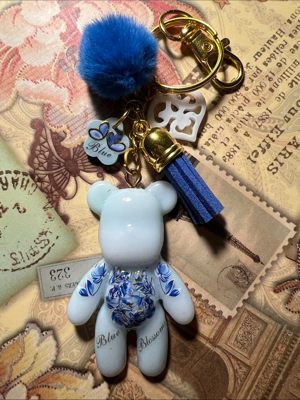 Blue Floral Teddy Keychain, backpack or purse charm Accessories